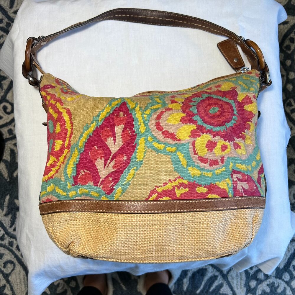 Fossil Hand Bag, canvas tan/floral pink, turquoise, yellow. Leather strap